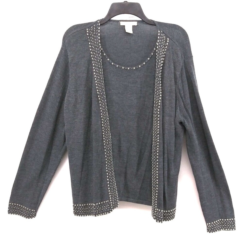Claudia D Blouse Women Size XL Gray Beaded Long Sleeve Layered 2 in 1 Casual Top